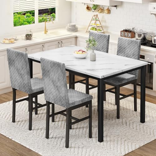 HOOSENG Dining Table and Chairs Set 4, Faux Marble Tabletop with 4 Upholstered Velvet Chairs, Kitchen Table Set for Apartment, White & Grey