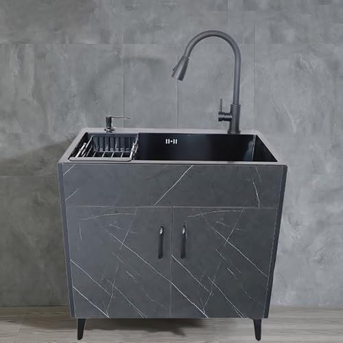 Fregadero práctico independiente con mueble, mueble para fregadero de cocina independiente con grifo extraíble, adecuado para lavadero y lavadero de espacios pequeños, utilizado en lavadero, lavadero,