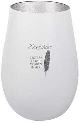 Der-Porzellan-Laden Windlicht mit Gravur Du fehlst Gestern Heute Morgen Immer, Weiß Silber, Teelichthalter aus Glas mit Spruch, Tischdeko modern