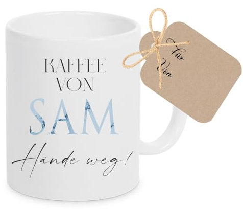 Kaffee-Tasse mit Buchstabe, personalisiert mit Wunschname, Persönliches Geschenk, Keramiktasse (Blau: Hände weg)