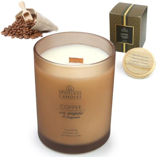 Vela de café - Vela perfumada de café de 9,7 oz/275 g en frasco de vidrio esmerilado marrón con tapa de madera y mecha de madera crujiente en lujosa caja de regalo - Rica, deliciosa y fragante