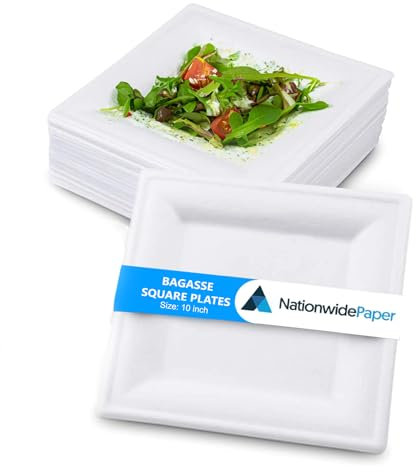Nationwide Paper 10 Inch Biodegradable Square Paper Plates, Bagasse White Disposable Plates, Strong Party Plates (50 Pcs)