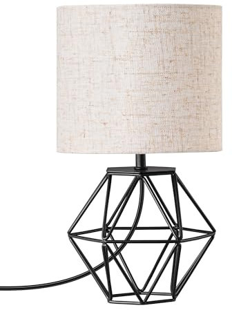 EDISHINE Bedside Lamp, Table Lamp with Metal Cage Base & Linen Lampshade, Modern Lamps for Living Room Bedroom, E14 Socket (Bulb Included), Diamond Cage, Black