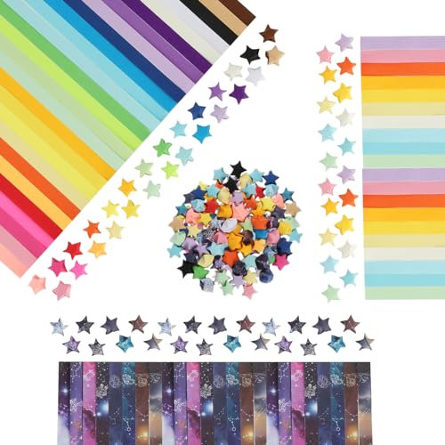 1620 Stück Origami Sterne Papierstreifen, Papierstreifen Zum Basteln mit Regenbogenfarbe und Sternenhimmel Muster, 3 Größen von Origami Papier Sterne, Papierstreifen für Bastelarbeiten