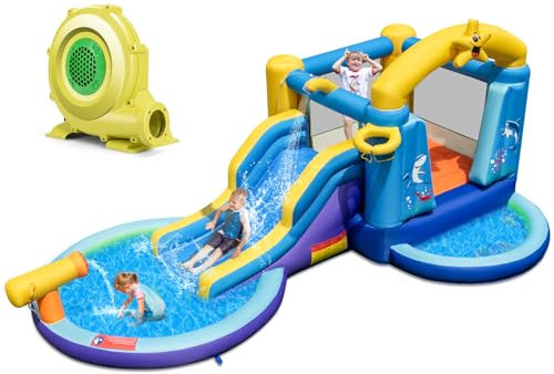 LIFEZEAL Castillo Hinchable para niños de 3 a 10 años, Tema Marino, Parque Inflable con soplador, tobogán, Cama elástica, Piscinas, Canasta de Baloncesto, cañón de Agua, 50 Bolas, 490 x 290 x 220cm