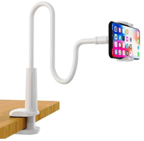 REY Pinza Soporte para Teléfonos móviles y Tablets, Universal, Brazo Flexible y Extensible, Blanco