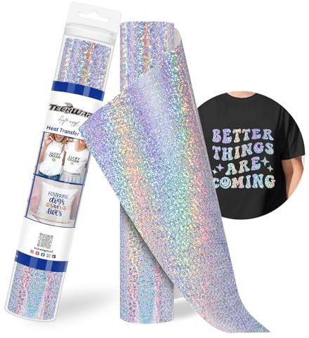 TECKWRAP Holographic Heat Transfer Vinyl Roll 12 x 5ft Sparkle Glitter Silver HTV for DIY Clothing,T-Shirts,Fabric Metallic Iron on Vinyl Compatible with Heat Press Craft Cutters