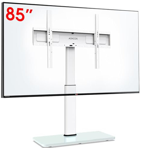 AOKCOS Supporto TV da Inclinabile Tavolo per 42-85 Pollici, Girevole Altezza Regolabile Piedistallo TV con Base, Mobile Porta TV Max VESA 600x400mm 50KG Bianco