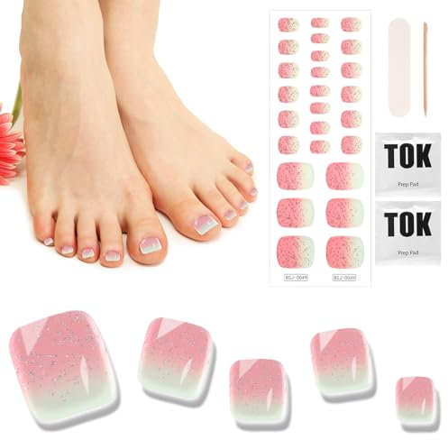 Semi Cured Gel Nails, 26 Pcs Toe Nail Stickers, Lasting Nail Stickers Full Nail Wraps, Gel Nail Strips for UV Light Contains 26 Nail Wraps, Wood Stick, Nail File (Pink)