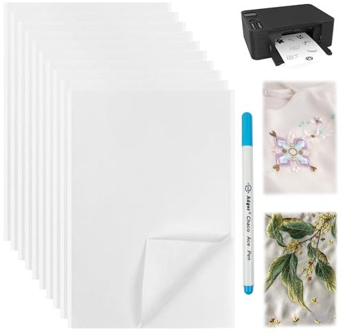 10PCS Embroidery Fleece Water Soluble Self-Adhesive, Printable Embroidery Paper, A5 Water Soluble Embroidery Film with Marker, Blank Water Soluble Embroidery Stabilizer for DIY & Machine Embroidery