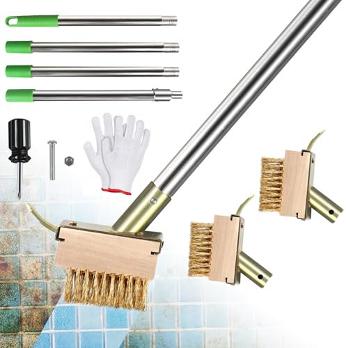 SUPAWAY 2 Pezzi Scopa filo metallico 10cm Scopa metallica per giardino Spazzola acciaio con 1 set manico lungo 1,6m Setole in metallo e raschietto contro erbacce Spazzola esterni per terrazza,giardino