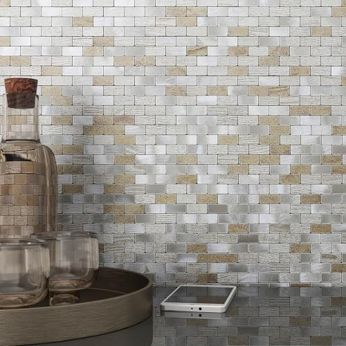 M MOFIT Brick Stick on Mosaic Tiles Kitchen Splashback Fireplace Stove,3D Self Adhesive Wall Tiles Stickers for Bathroom(Beige Champagne 10pcs)