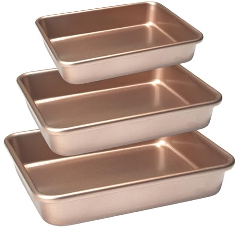 FISDEN Set of 3 Rectangular Cake Pan, Carbon Nonstick Deep Baking Pans for Oven, Gold Cookie Sheet Toaster Oven Tray Bakeware for Brownie, Bread, Casserole