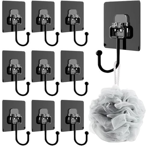 Klebehaken Extra Stark, 10 Stück Schwarz Selbstklebend Haken, 180° Drehbare Klebehaken Decke oder Wand, Wasserdicht und Spurlos Handtuchhaken, Hohe Tragkraft, ideal für Küche, Bad, Deko,Wandhaken