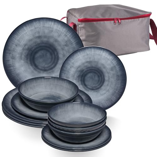 Melamin Geschirr Set Jesolo Grau für 4 Personen - 13 Teile - mit Aufbewahrungstasche Steingutoptik Spülmaschinengeeignet - Essgeschirr Campingzubehör Campinggeschirr Wohnwagen Camping