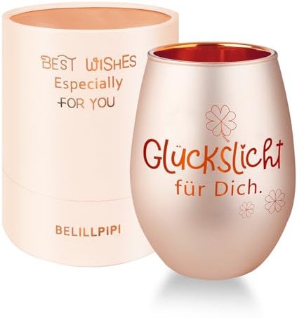 Belillpipi Glückslicht Geschenke Windlicht mit Gravur, Windlicht in Roségold mit Geschenkbox, Teelichthalter aus Glas, besonderes Geschenk für Geburtstag, Weihnachten, Dankeschön Geschenk für Frauen