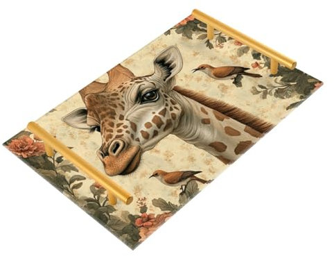 Giraffe Birds Flowers Botanical Illustration Vintage Style Decorative Cocktail Tray with Handles Bed Serving Tray for Jewelry Perfume for Food Service bandeja para salas modernas