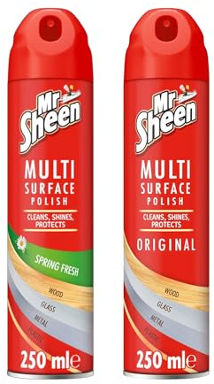 Mr Sheen Multi Surface Polish Aerosol 250ml | Original & Spring Fresh | Cleans, Shines & Protects Wood, Glass, Metal, Plastic | Pack of 2