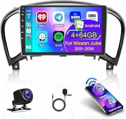 Android 14 Double Din Car Radio Compatible for Nissan Juke 2010-2014,9inch Touchscreen,4G+64G,Car Stereo with Wireless Carplay Android Auto GPS WiFi Mic Backup Camera