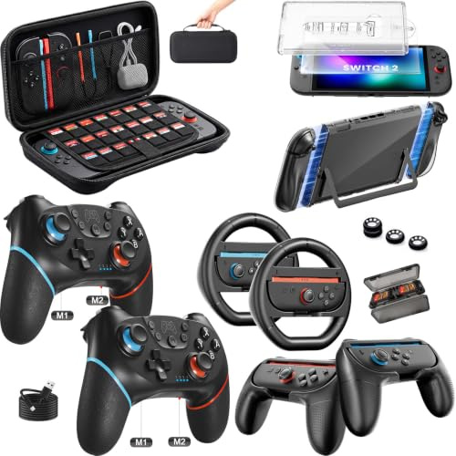 Switch 2 Accessories Bundle for Nintendo 17-in-1: 2 Pro Controllers, Dockable Carrying Case, Screen Protector, Thumb Grip for Joycon Console Protective Cover Shell Steering Wheel 2025 Switch2 Game Kit