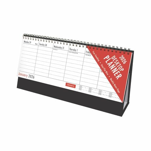 2026 Desktop Weekly Planner Calendar Red & Black - Week To View Freestanding Wiro Bound Flip Calendar 290x150mm - UK & Ireland Holidays Home Office School Family