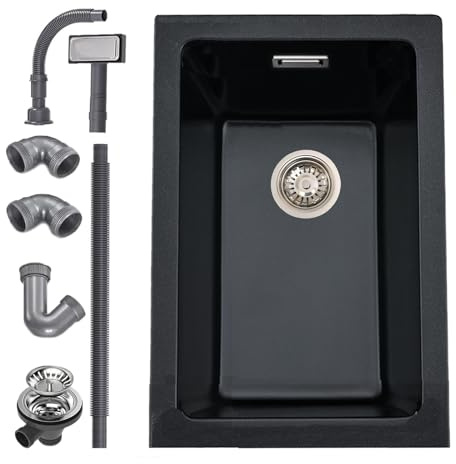Lavello da Cucina 30 x 40 cm, Lavandino Cucina in Granito, iAnomla Nero Vasca Singola da incasso adatto per mobili sottolavello da 40 cm di larghezza, Lavabo Cucina Nero con Sifone, Moderno