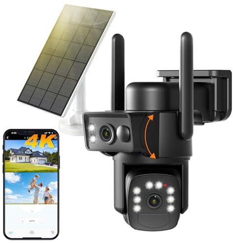 4K Caméra Surveillance WiFi Extérieure sans Fil à Double Objectif,355° PTZ avec Panneau Solaire+Batterie 15000mAh,PIR & Détection,Vision Nocturne Couleur,Audio Bidirectionnel/Suivi Automatique,8MP
