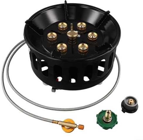 Bruciatore a gas da campeggio, 19800 W, 7 nuclei, portatile, design antivento e accensione piezoelettrica, struttura in acciaio inox e rame, pieghevole, per cucinare all'aperto