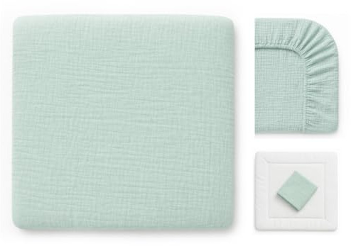 Wickelauflagenbezug 100% Baumwolle Musselin Bezug für Wickelauflage 85x75 und 75x75 cm – weicher Wickeauflagenüberzug, atmungsaktiv & waschbar MINT grün