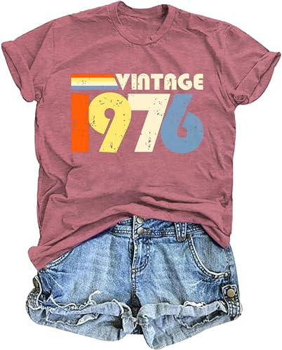 LAWOZZOS 50th Birthday Gifts for Women 1976 - Vintage 1976 Born 50th Birthday T-Shirt, Comfortable Short Sleeve Casual Top Pink