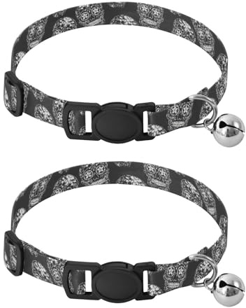 Katzenhalsband mit Totenköpfen, Schwarz, 2 Stück, Halsband für Kätzchen, verstellbar 26,7 bis 43,8 cm