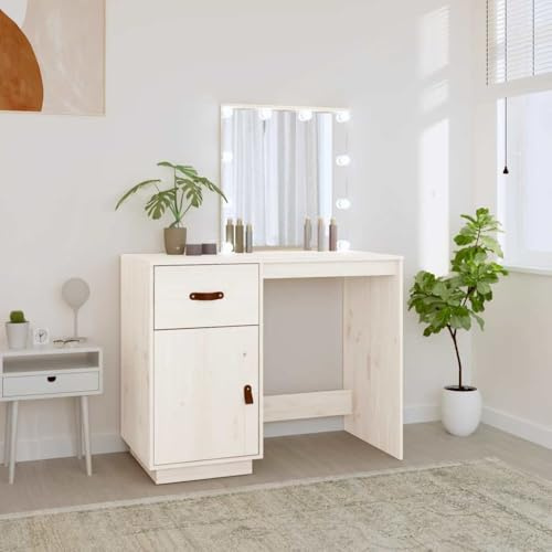 Owoxanthellate Schminktisch Weiß mit LED & Spiegel 95x50x133,5 cm Massivholz Kiefer großer Frisiertisch Kosmetiktisch mit Schublade für Schlafzimmer und Ankleide