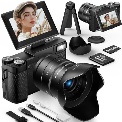 FLATIC Appareil photo numérique 6K, appareils photo 75 MP pour la photographie avec zoom optique 8x et trépied, caméra de vlogging anti-secousses avec écran rabattable à 180° de 3, carte de 64 Go
