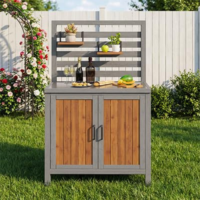 Merax Gartenschrank Holz Outdoor wetterfest – Geräteschrank Garten mit Edelstahl-Arbeitsplatte, Grillstation mit verstellbaren Regalen & Schubladen, Küchenschrank für Terrasse, Balkon & Outdoor Küche