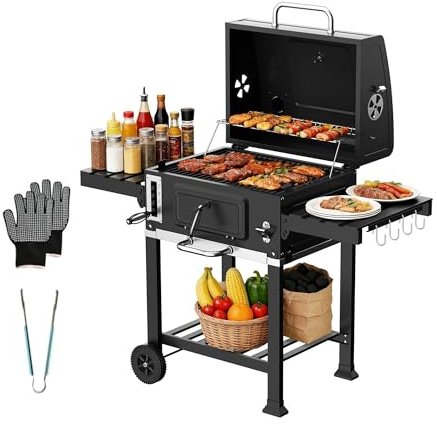 TEENO Holzkohlegrill,XXL Kochauto,Grill mit Deckel,Thermometer,Anti-Hitze-Handschuhe,Kamin und integriertem Flaschenöffner,Rauch großes Modell für Holzkohlegrill