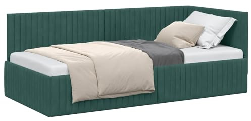 HFXHIJXQ Samt Eckbettgestell Dunkelgrün 90x200 cm mit Kopfteil & Lattenrost platzsparendes L-Form Bettsofa für Jugendzimmer Gästezimmer und kleine Wohnungen