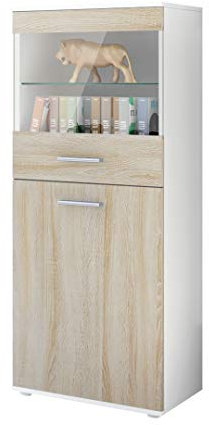 Vladon Vitrine Almada, Made in Germany, Standvitrine mit 2 Türen, 4 Fächern und 1 Glaseinsatz, Weiß matt/Eiche Sägegrau (53 x 125 x 30 cm)