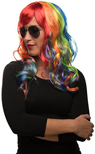 Einhorn Langhaar Perücke in Regenbogen Farben bunt für Damen & Herren zum Fasching/Karneval