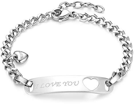 JewelryWe Schmuck Damen Armband Edelstahl Herz Panzerkette Charmsarmband Panzerarmband Armkette mit I Love You Mom Gravur Silber
