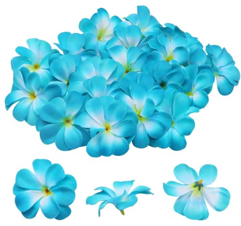 FZBNSRKO 100 Pcs 2.8 Hawaiian Plumeria Frangipani Flower Heads Artificial Flower Heads for Wedding Flowers Garland DIY Jewelry Hair Clips Headbands Accessories(Blue and Yellow)