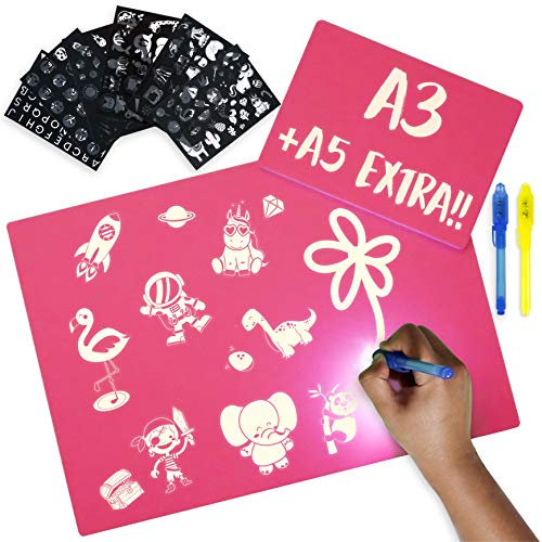 Tableau Magique Rose A3 et A5, 6 Pochoirs et 2 Stylo Espion - BONNYCO | Tableau Lumineux Enfant, Jouet Fille 3 4 5 6 7 8 9 10 Ans | Ardoise Magique, Cadeaux Jeux Enfants pour Anniversaires, Noël