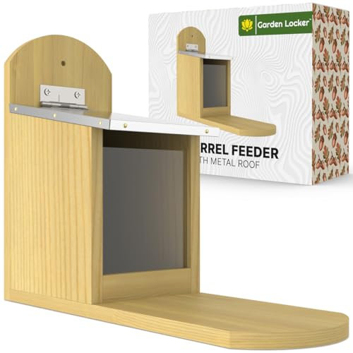 Squirrel Feeder with Metal Roof - Natural Wood with Extra Long Feeding Platform - Great Outdoor Wildlife Feeding Station Encouraging Squirrels to your Garden - Great for Him