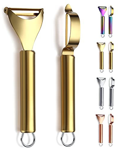 Gold Potato Vegetable Peeler, Kyraton Stainless Steel Apple Fruit Veggie Peeler with Gold Titanium Plating, Peelers for Kitchen Ergonomic Non Slip Handle Dishwasher Safe, Set of 2