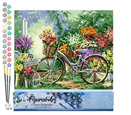 Figured'Art Pintar por Numeros Adultos Flores Y Bicicletas - Manualidades pintura acrilica Kit Cuadro DIY completo - 40x50cm sin bastidor