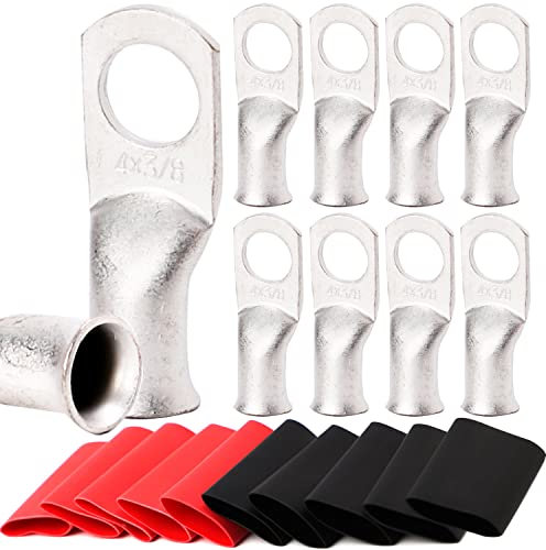 TKDMR 10pcs 4 Awg-3/8 Ring Marine Grade Copper Wire Lugs,with 3:1 Heat Shrink Tubing,UL Battery Cable Ends,Heavy Duty Cable Lugs,Tinned Copper Eyelets,Tubular Ring Terminals