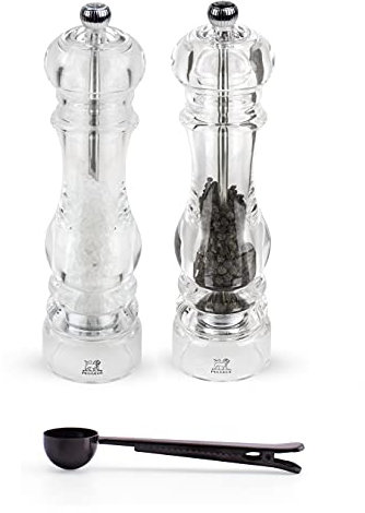 Peugeot Nancy Inch Salt & Pepper Mill Gift Set , Acrylic - With Stainless Steel Spice Scoop/Bag Clip (8.75 Inch)