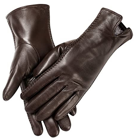 MaxW Herbst Winter Damen Leder Handschuhe Braun Touchscreen Schafsfell Handschuhe Weich Warm Fahren Radfahren Fäustlinge Futter aus Kaninchenfellimitat L