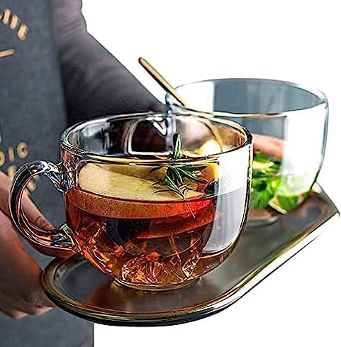 KiKiluxxa Taza grande de café/té verde, taza de capuchinos/espresso, tazón de sopa/taza grande de vidrio de leche con asa para café, juego de tazas multiusos de 450 ml (juego de 2)