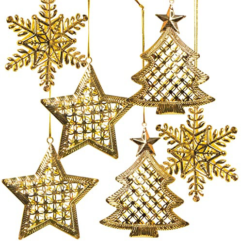 Logbuch-Verlag 6 Weihnachtsanhänger Baum Stern Schneeflocke Metall goldfarben Weihnachten Anhänger Weihnachtsbaumschmuck Gold 9-12 cm