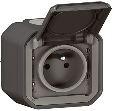 LEGRAND - Toma impermeable IP55 con tierra Plexo, toma 2P+T 16A completa con persiana, para colocación en aparente, fabricado en Francia, color gris